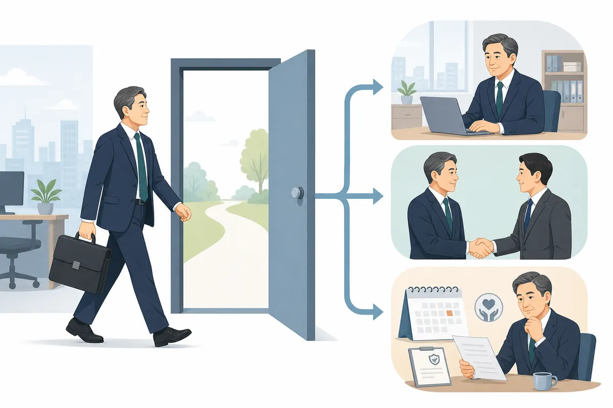 정년 이후 계속고용과 재고용, 은퇴 준비 경로를 보여주는 설명 일러스트